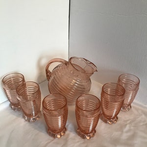 Very Htf Anchor Hocking Manhattan Horizontal Ribbed Pink Tumbers and Ball Pitcher Depression Glass No Damage image 1