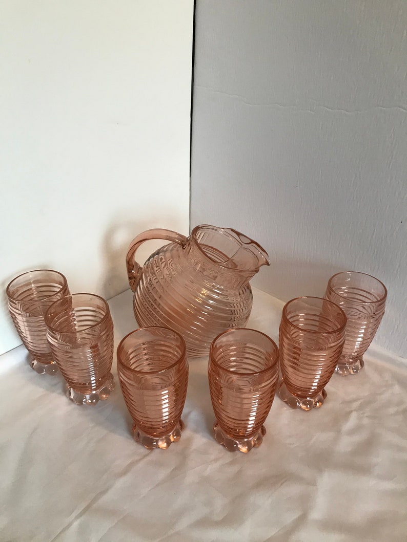 Very Htf Anchor Hocking Manhattan Horizontal Ribbed Pink Tumbers and Ball Pitcher Depression Glass No Damage image 1