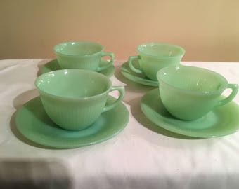 Set of 4 Fire King Jane Ray Jadeite Cups and Saucers