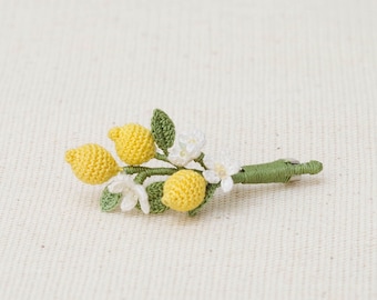 Handmade Crochet Lemon Brooch, Cotton Flower Pin