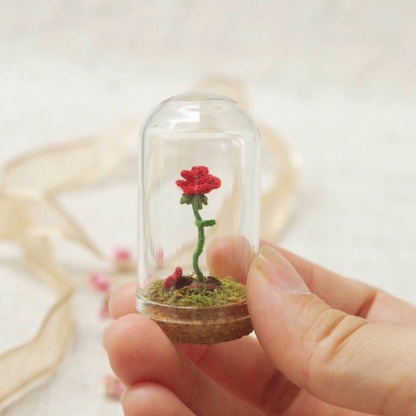 Miniature Crochet Rose. Beauty and the Beast Rose. Red Rose in Glass Dome. Mini crocheted rose