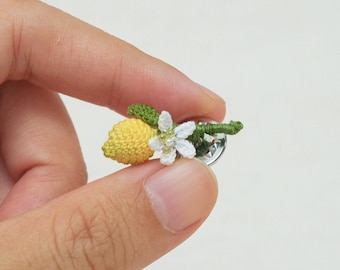 Handmade Crochet Lemon Pin, Cotton Brooch