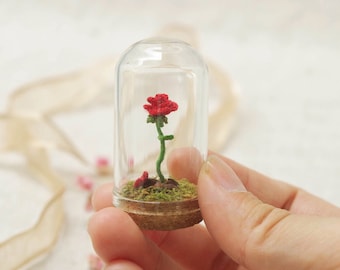 Mini Crochet Red Rose in Glass Dome, Beauty and the Beast Rose