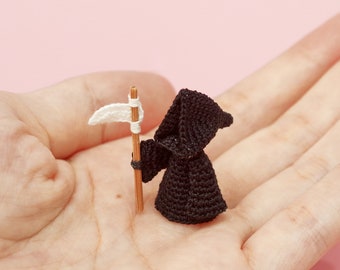 Tiny Crochet Grim Reaper Doll with Scythe - Halloween Amigurumi