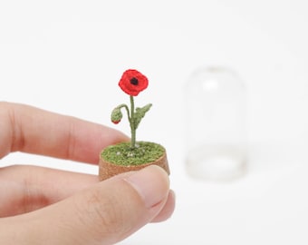 Miniature Crochet Poppy Flower in Glass Dome