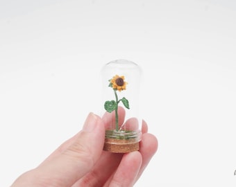 Miniature Crochet Sunflower. Crocheted Flower. Mini flower in glass dome