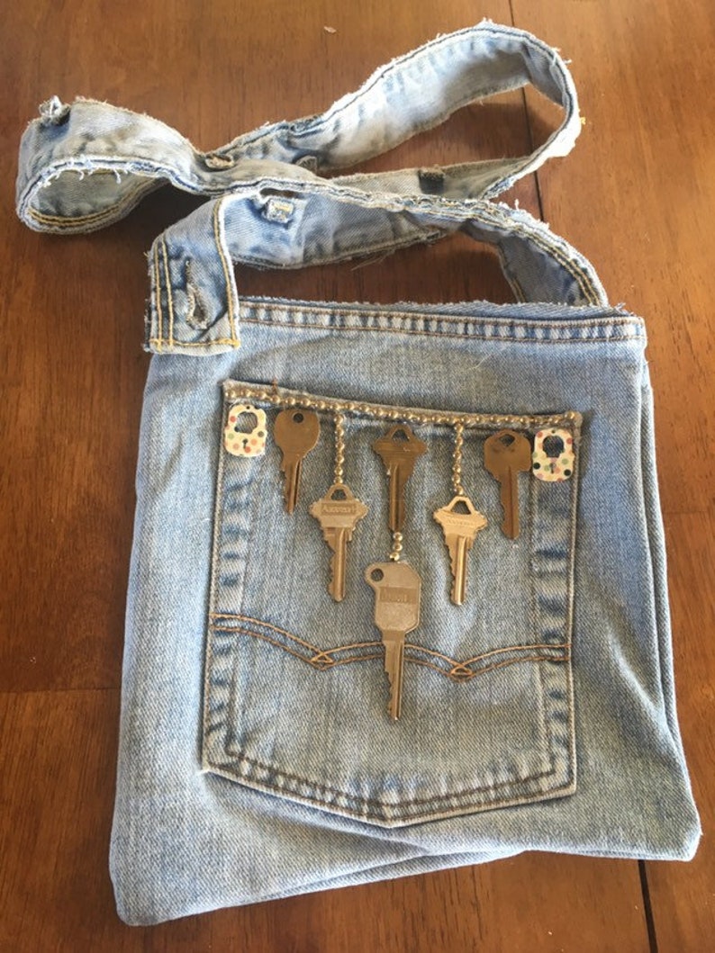 Handmade blue jean purse with vintage keys | Etsy