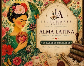 May include: A digital paper collection titled Alma Latina by Liliumarts Press featuring 14 high-quality 12x12 inch sheets. The cover art displays a woman with flowers in her hair holding a sacred heart, surrounded by butterflies and floral motifs.