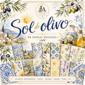 Sol de olivo · 14 papeles digitales de scrapbooking · Olivos, aceite, azulejos y flores mediterráneas · Papel digital 12x12