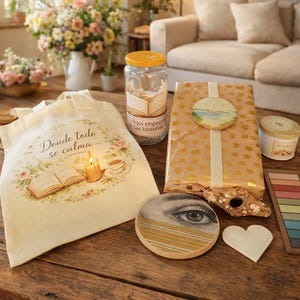 Puede incluir: Una colección de artículos sobre una mesa de madera, que incluye una bolsa de mano con diseño floral y texto, un tarro de cristal con tapa amarilla y un regalo envuelto. Otros artículos incluyen un posavasos con diseño de ojo, un artículo en forma de corazón y un tarrito.