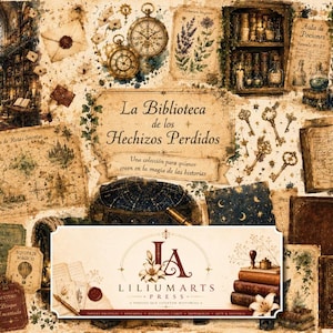 Puede incluir: Un collage de ilustraciones de estilo vintage que muestra una biblioteca, relojes de bolsillo, bocetos botánicos, llaves, mapas y libros abiertos. El texto central dice La Biblioteca de los Hechizos Perdidos, con el logo de Liliumarts Press.