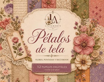 Stoffblüten – Kollektion mit 12 digitalen Scrapbooking-Papieren + 2 Geschenkpapieren | Gestickte Blumen, Patchwork und Spitze