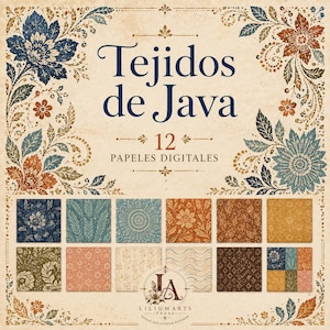 Puede incluir: Una colección de papeles digitales titulada Tejidos de Java que presenta 12 patrones cuadrados con motivos florales, paisley y geométricos en tonos azul marino, naranja óxido, verde salvia y crema, enmarcados por ilustraciones botánicas.