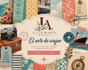 A Arte de Viajar, 14 Papéis Digitais de Viagem, Coleção Retrô para Scrapbooking, Papel Imprimível 30x30cm, Diário de Viagem e Diário de Arte Retrô