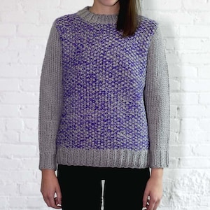 Colorblock Crewneck Handknit Sweater - Purple Grey