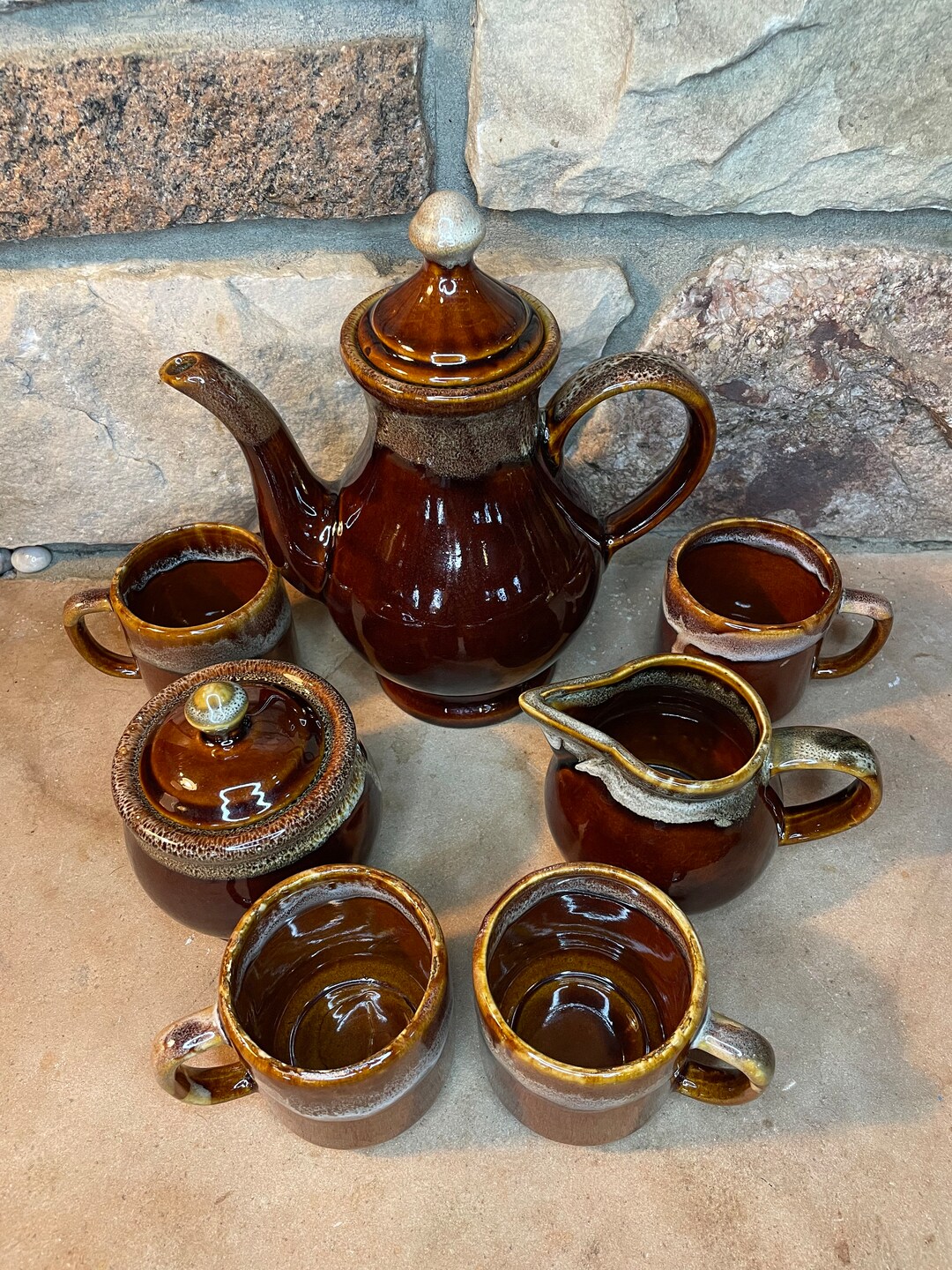 Vintage Brown Drip Stoneware Coffee Pot Set Etsy