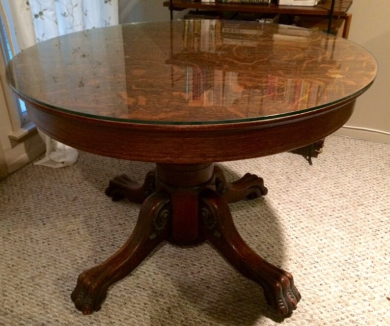 Antique Clawfoot Tiger Oak Dining Table With Glass Top PICKUP Etsy