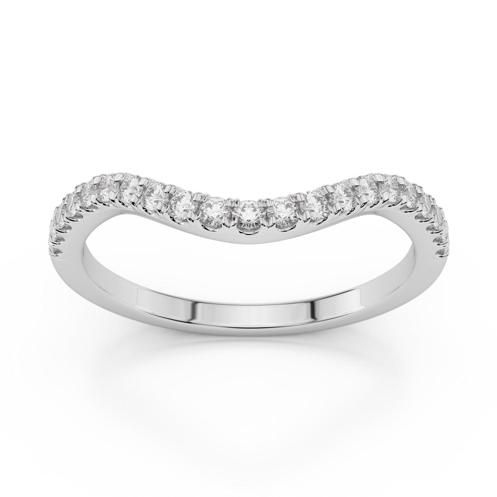 Diamond Curved Wedding Band For Double Halo Emerald Cut