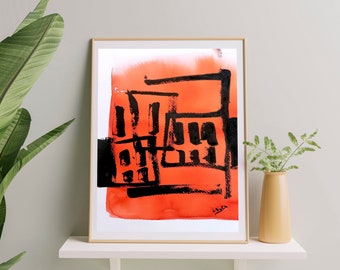 Abstract watercolor painting. "Red house". Modern sumi-e ink painting. Ready to be shipped.