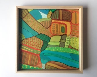 Silk wall tapestry with wood frame. 11x11 inch / 30x 30 cm. "Fields" Ready to be shipped.