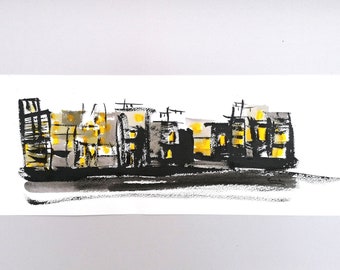 Original watercolor painting. City scape hand-painted of chinese ink. One-of-a-kind. Ready to be shipped.