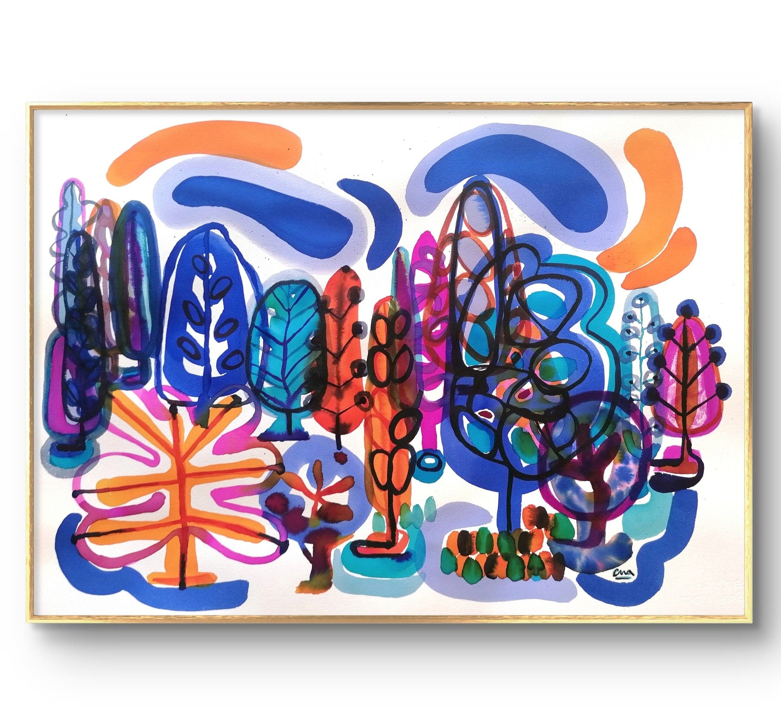 Hand-painted watercolor forest. Original painting on paper. 20x28inch 50x70cm Ready to be shipped.