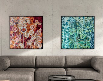 Batik tapestry wall art for decor your home with style. Set of two original silk paintings. Hand-painted batik art.