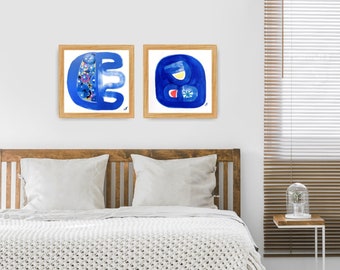 Modern gallery wall art. Set of 2 blue paintings. 9,7x9,7 inch / 25x25 cm. Ready to be shipped.