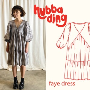 V neck puffy sleeve dress sewing pattern image 1