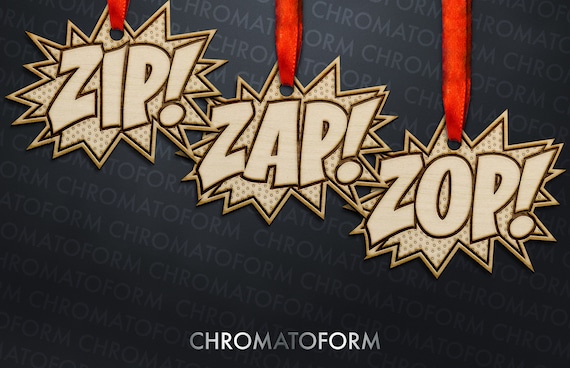 Zip! Zap! Zop! Improv Comic Book Style Set of Wooden Ornaments Laser  engraved