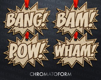 Comic Book Fight Sounds! Set of 4 Wooden Ornaments - Laser engraved