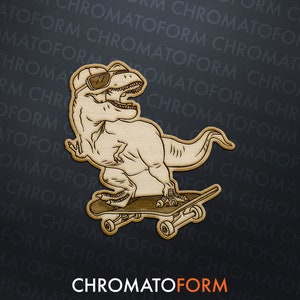 Skateboard T-Rex Cool Wooden Sticker - Laser engraved