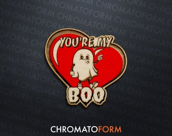 Valentine Ghost - "You're My Boo" Painted Refrigerator Whiteboard Wood Magnet - Laser engraved