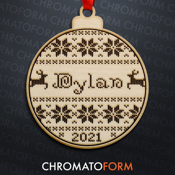 Personalized Ugly Sweater Christmas Bauble Round Ornament - Laser engraved