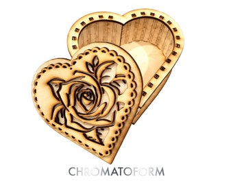 Heart Shaped Box, Rose Design, Valentines Day Gift Box - Laser cut and engraved