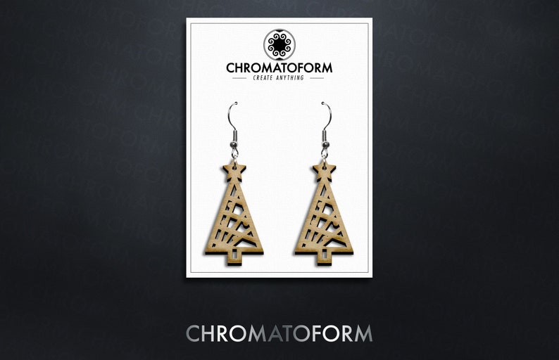 Laser Christmas Tree Dangly Hanging Wood Earrings Laser engraved image 1