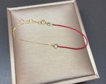 Lucky Red String Bracelet with 0.03 carat Diamond and 18k solid gold Chain | Ultra Thin Style