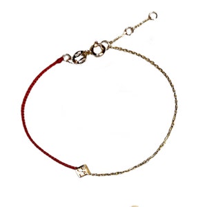 Lucky Red String Bracelet with 0.03 carat Rhombus Diamond and 18k solid gold Chain | Ultra Thin Style