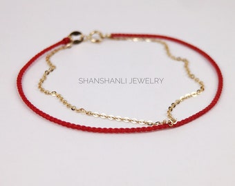 18k Gold Bracelet, Au750 Solid Gold Bracelet, Red String Lucky Charm Bracelet, Minimalist Style Jewelry, Extra Thin Bracelet, Gift for Her