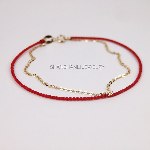 Bracelet en or 18 carats, bracelet en or massif Au750, bracelet porte-bonheur ficelle rouge, bijoux de style minimaliste, bracelet extra fin, cadeau pour elle