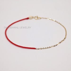 18k Gold Bracelet, Solid Gold Bracelet, Handmade Red Line Lucky Bracelet, Au750 Delicate Gold Bracelet, Minimalist Style, Extra Thin Jewelry