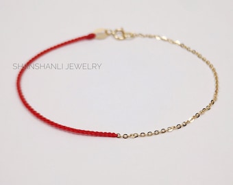 18k Gold Bracelet, Solid Gold Bracelet, Handmade Red Line Lucky Bracelet, Au750 Delicate Gold Bracelet, Minimalist Style, Extra Thin Jewelry