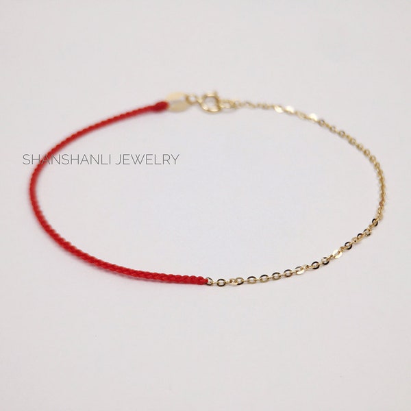 18k Gold Bracelet, Solid Gold Bracelet, Handmade Red Line Lucky Bracelet, Au750 Delicate Gold Bracelet, Minimalist Style, Extra Thin Jewelry