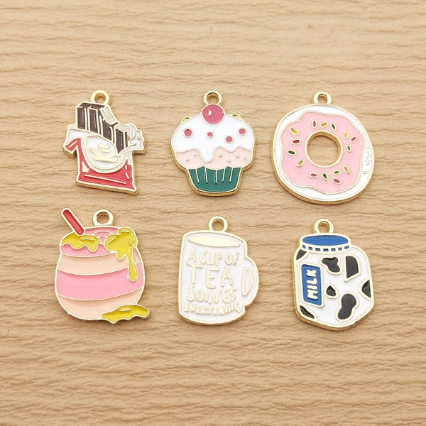 10 pièces, breloque donut, breloque chocolat, breloque cupcake, breloque miel, breloque boîte de lait, breloque émail, collier pendentif, plaqué or