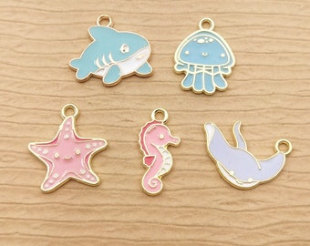 10PCS, Jellyfish Charm Starfish Charm Shark Charm Enamel Charm Jewelry Supplies  Earring Pendant Bracelet Charm Necklace Charm Gold Plated