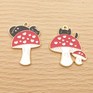 10PCS, Cat Mushroom Charm, Enamel Charm, Metal Charm, Earring Charm, Necklace Charm, Jewelry Supplies, Gold Plated
