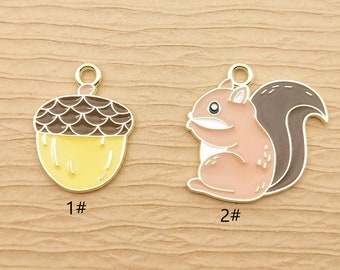 10 pezzi, ciondolo smaltato, scoiattolo e pinoli, ciondolo a forma di animale, ciondolo in metallo, forniture per artigianato e gioielleria, componenti fai da te, ciondolo per orecchini
