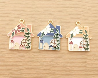 10PCS, 25*29MM, House Charm, Enamel Charm, Earring Pendant, Necklace Charm, Bracelet Charm, Gold Plated, DIY Finding, Jewelry Accessories