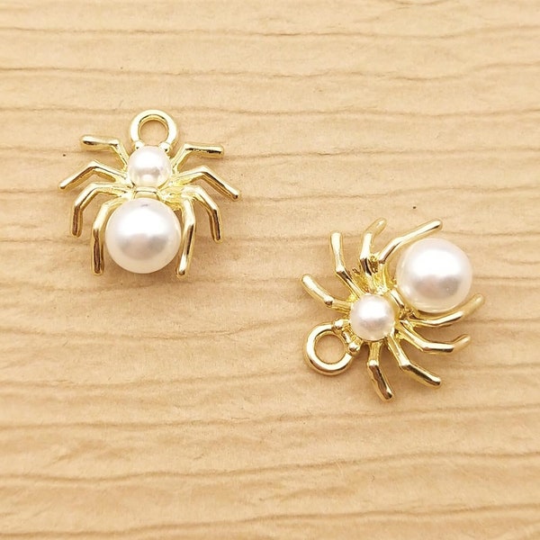 10PCS, 14*15MM, Pearl Spider Charm, Pearl Charm, Bracelet Charm, Earring Charm, Necklace Charm, Craft Finding, Jewelry Supplies, Gold Plated