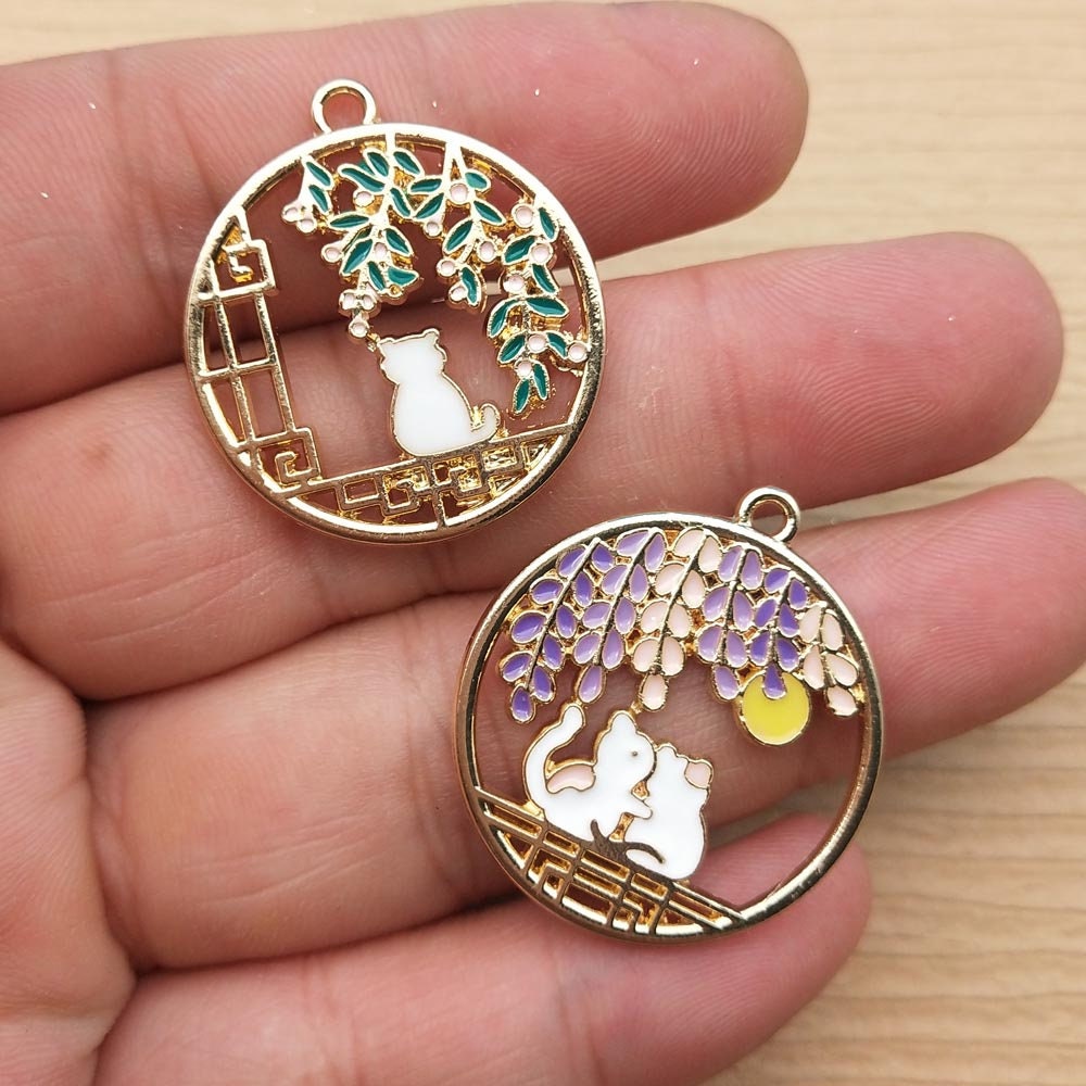Enamel Flower Cat Charms For Jewelry Making Craft Necklace Pendant